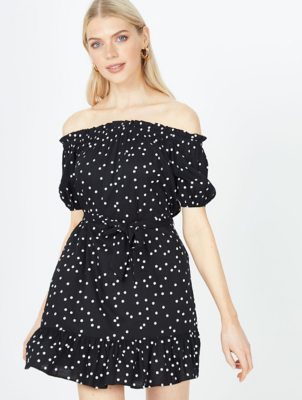 Black Polka Dot Print Bardot Mini Dress ...
